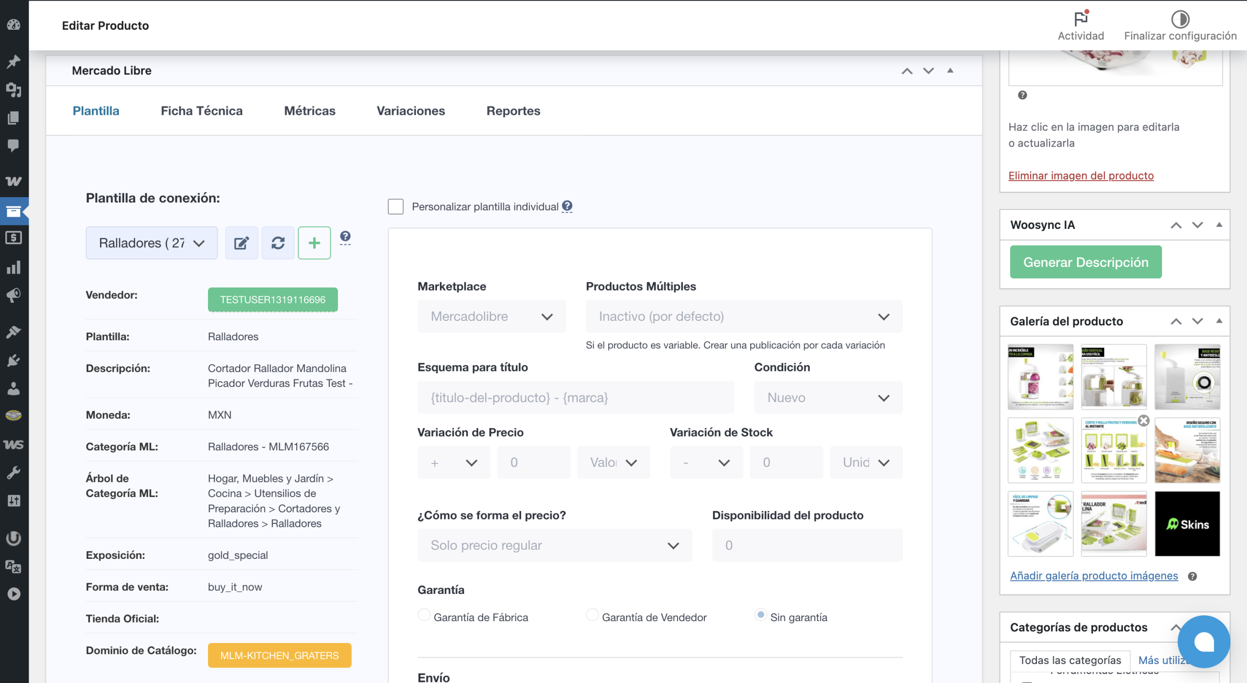 Editor de producto en WooCommerce con el metabox de WooSync que muestra las herramientas de gestión de publicaciones en Mercado Libre, incluyendo sincronización de precio y stock