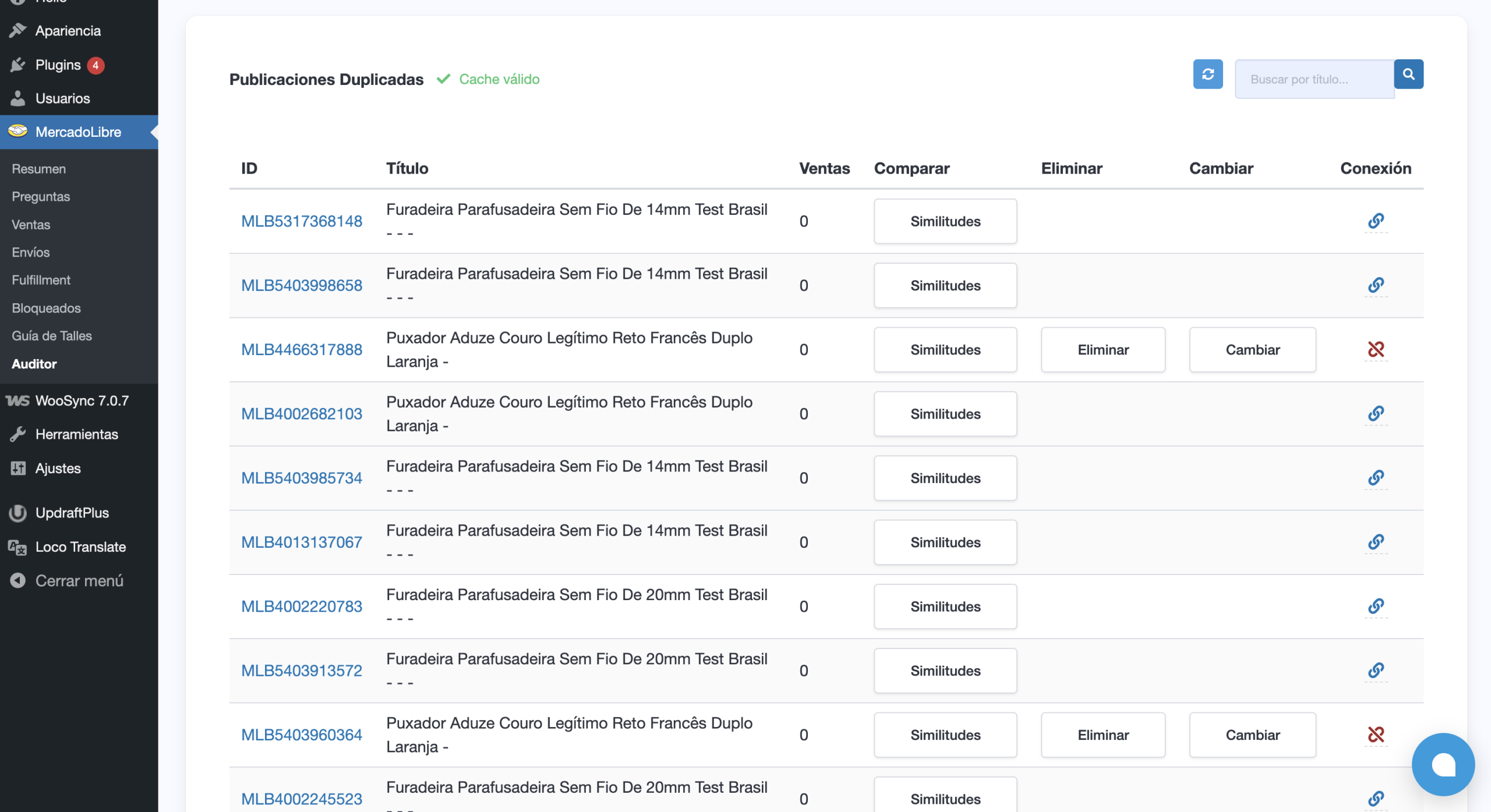 Auditor de publicaciones de WooSync que muestra el listado completo del catálogo de Mercado Libre con estado de vinculación a WooCommerce