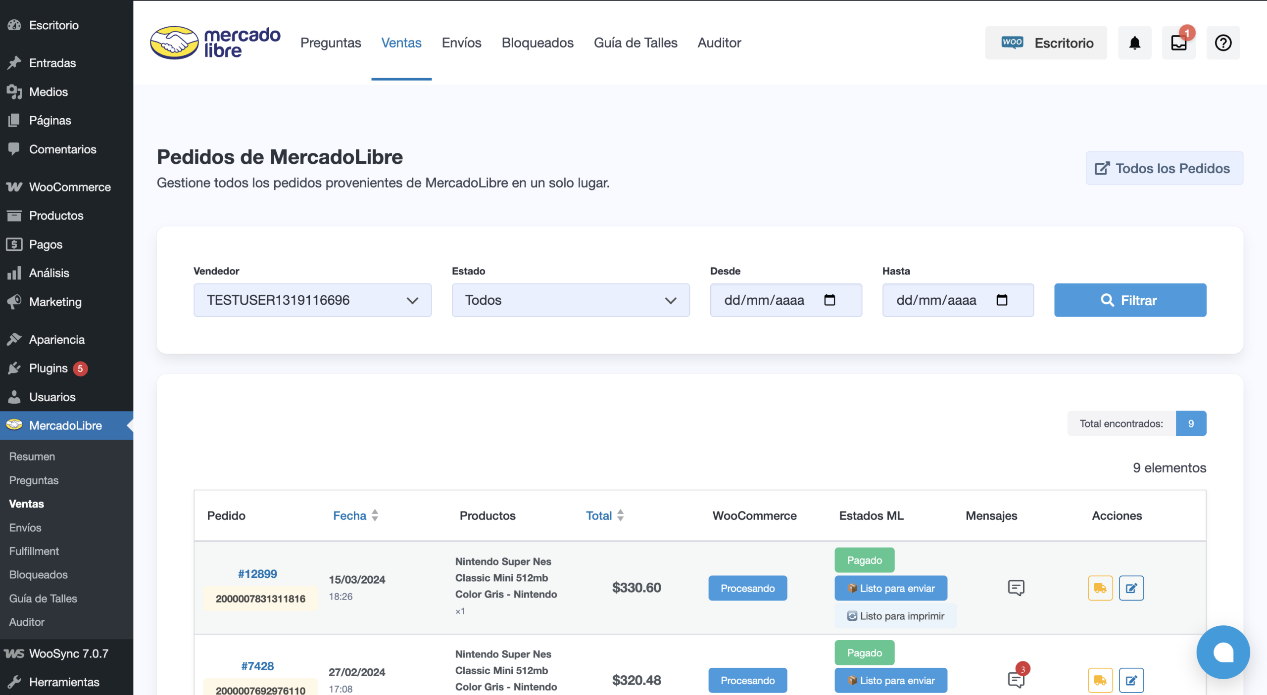 Panel de pedidos de Mercado Libre integrado en WooCommerce con WooSync, mostrando información de cada venta y estado de envío