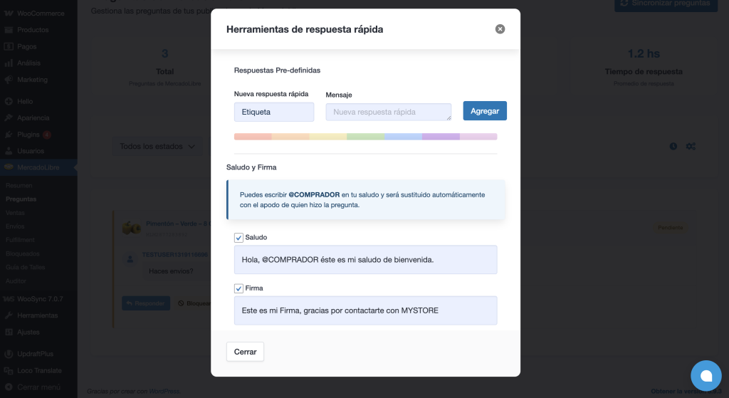 Configuración de respuestas predefinidas en el panel de preguntas de WooSync