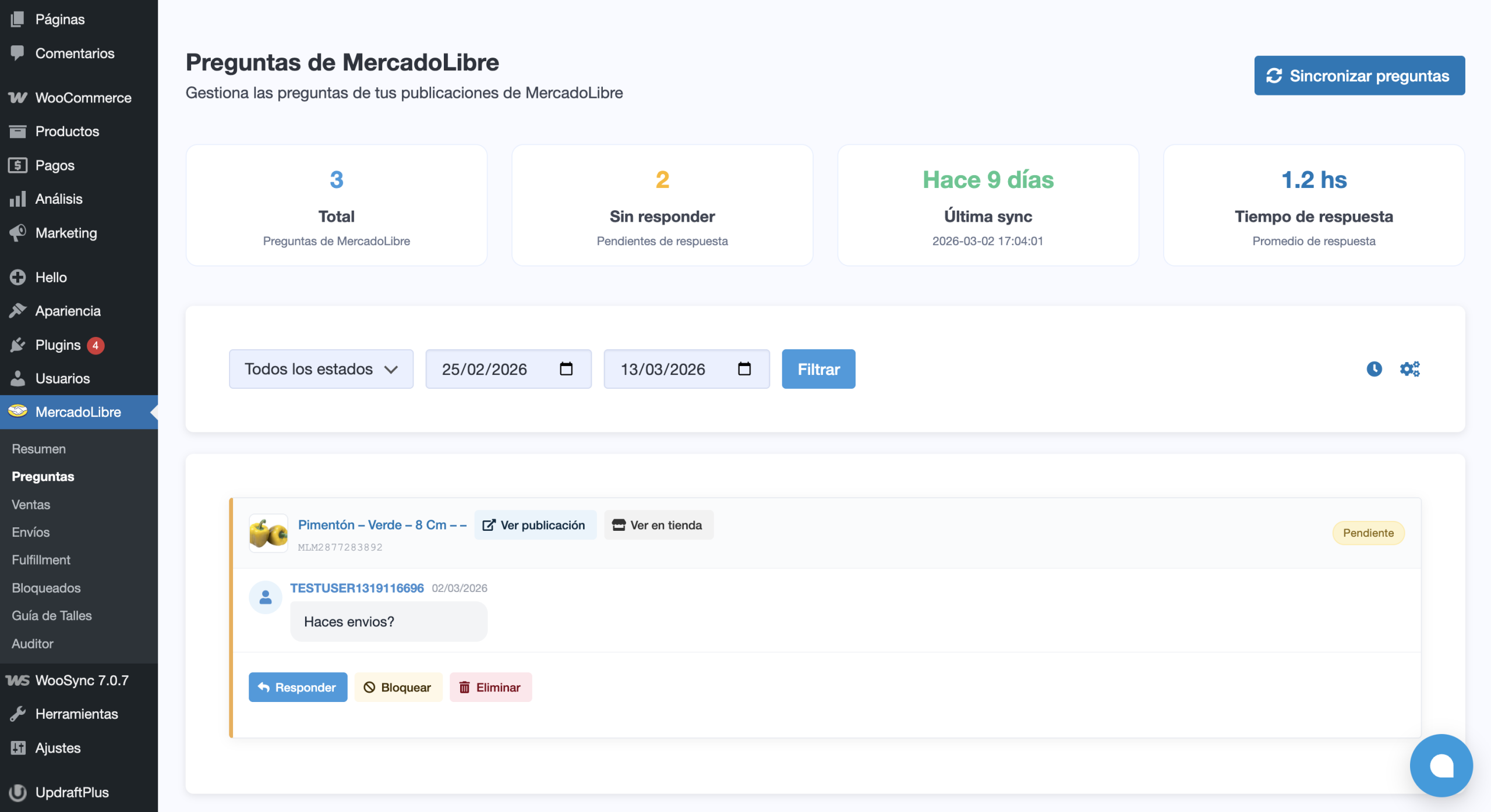 Panel de preguntas de Mercado Libre integrado en WordPress con WooSync, mostrando indicadores de tiempo de respuesta y preguntas sin responder