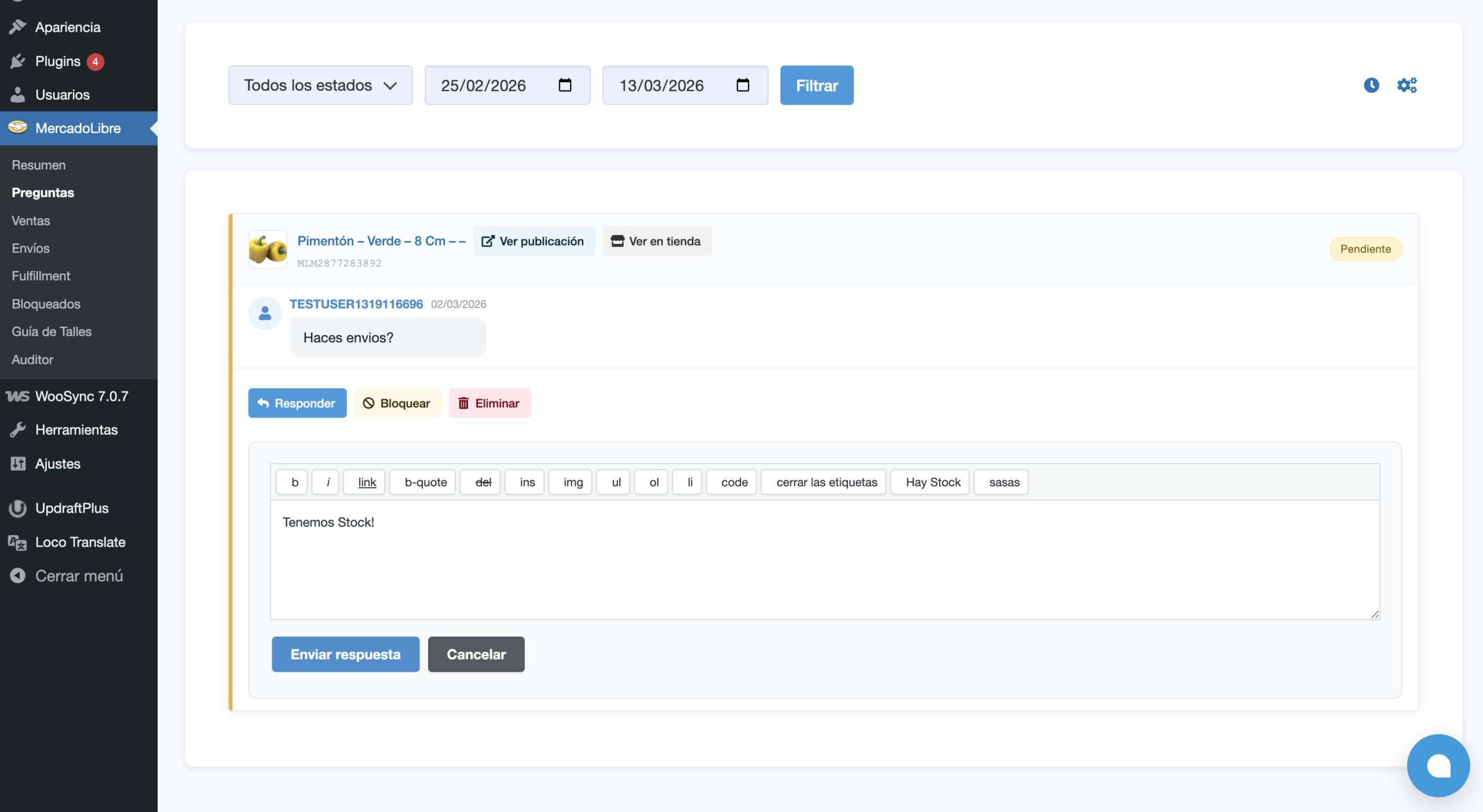 Panel de preguntas de Mercado Libre en WooSync con respuestas predefinidas tipo etiqueta rápida para agilizar la atención al comprador