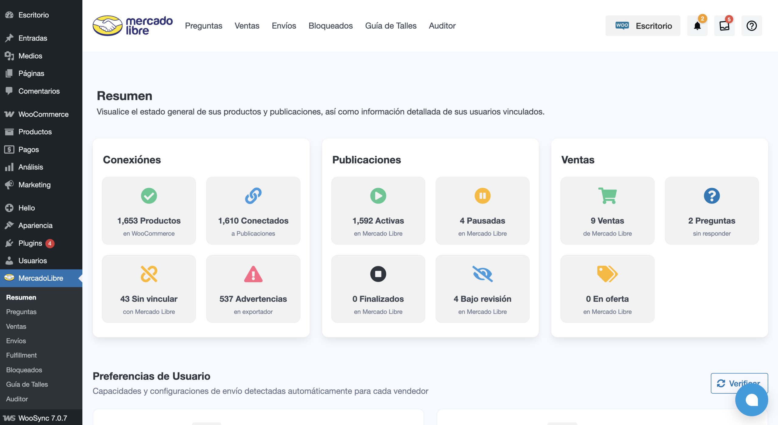 Panel de resumen de Mercado Libre en WooSync que muestra el estado general de los productos de WooCommerce vinculados con publicaciones de Mercado Libre