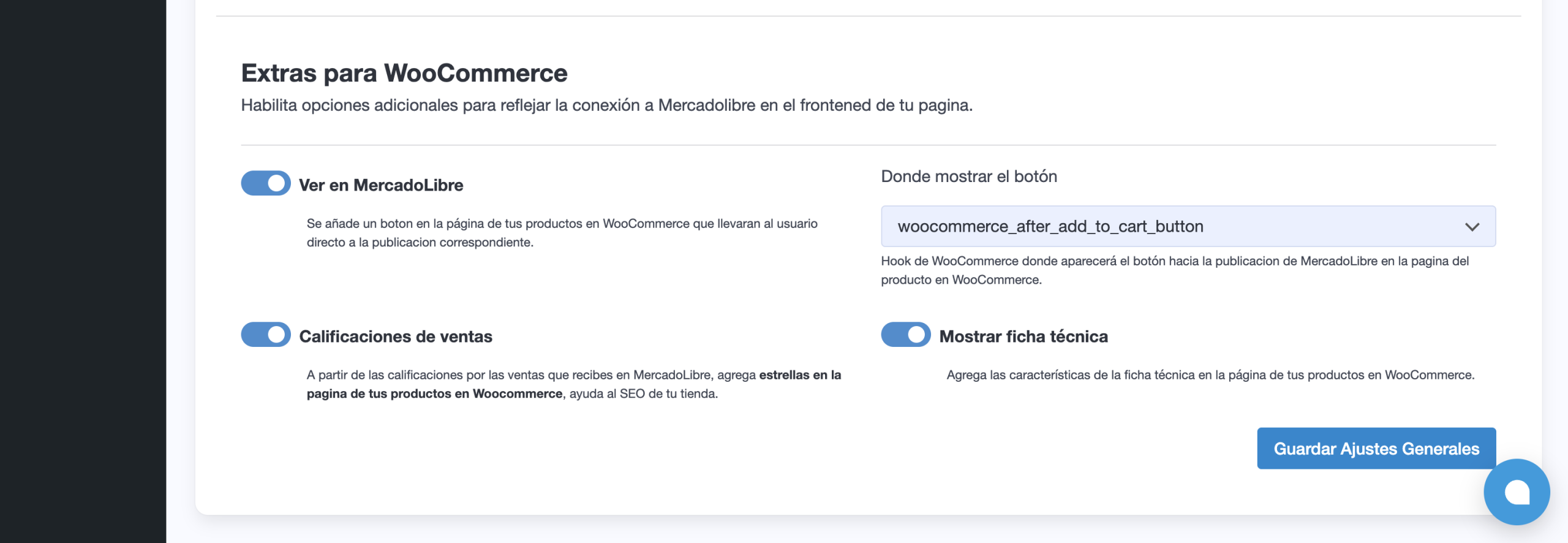 Pantalla de ajustes extras para WooCommerce en WooSync donde se puede habilitar la visualización de calificaciones de ventas y la ficha técnica en la tienda