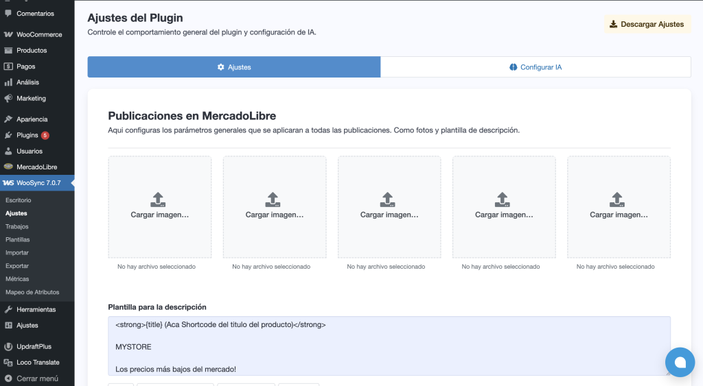 Panel de ajustes generales de publicaciones en WooSync donde se configuran los aspectos visuales y de descripción que se enviarán a Mercado Libre