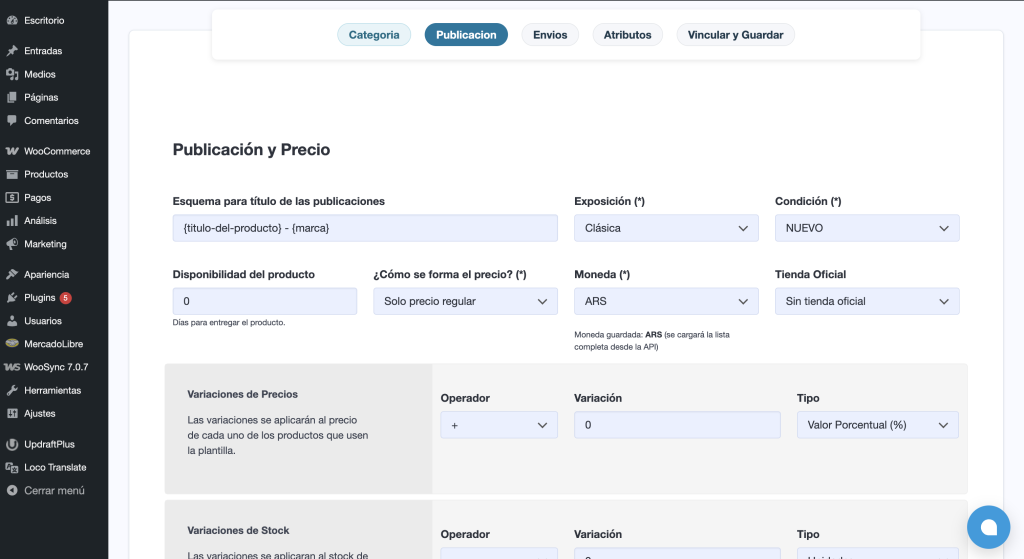 Configuración de tipo de publicación en plantillas de WooSync