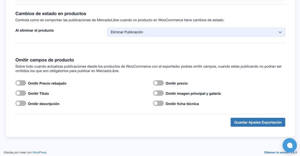 Configuración de acciones del exportador en WooSync para sincronización de stock con Mercado Libre