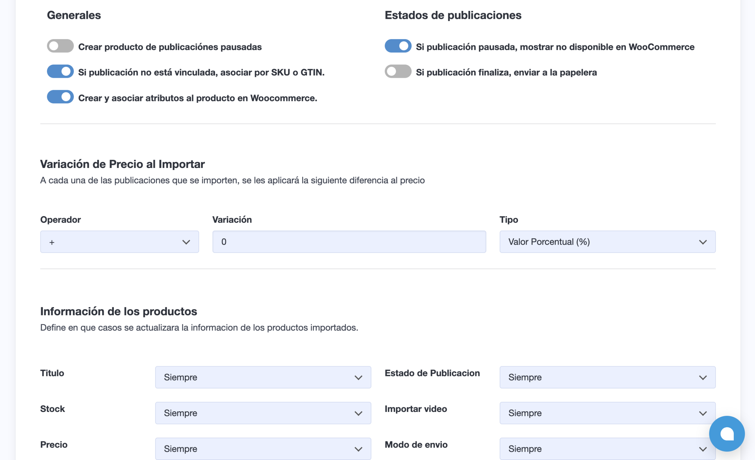 Configuración de acciones del trabajo de importación en WooSync - reglas de precio, campos a omitir y comportamiento del importador