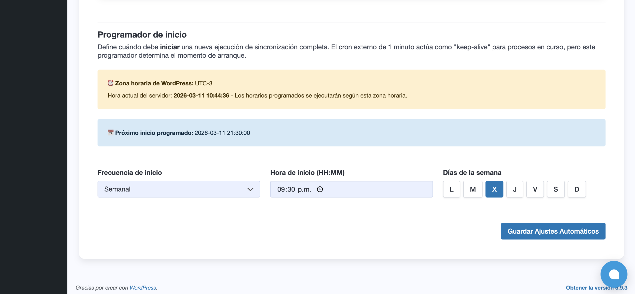 Pantalla de trabajos programados en WooSync donde se configura la frecuencia y el sentido de la sincronización entre WooCommerce y Mercado Libre