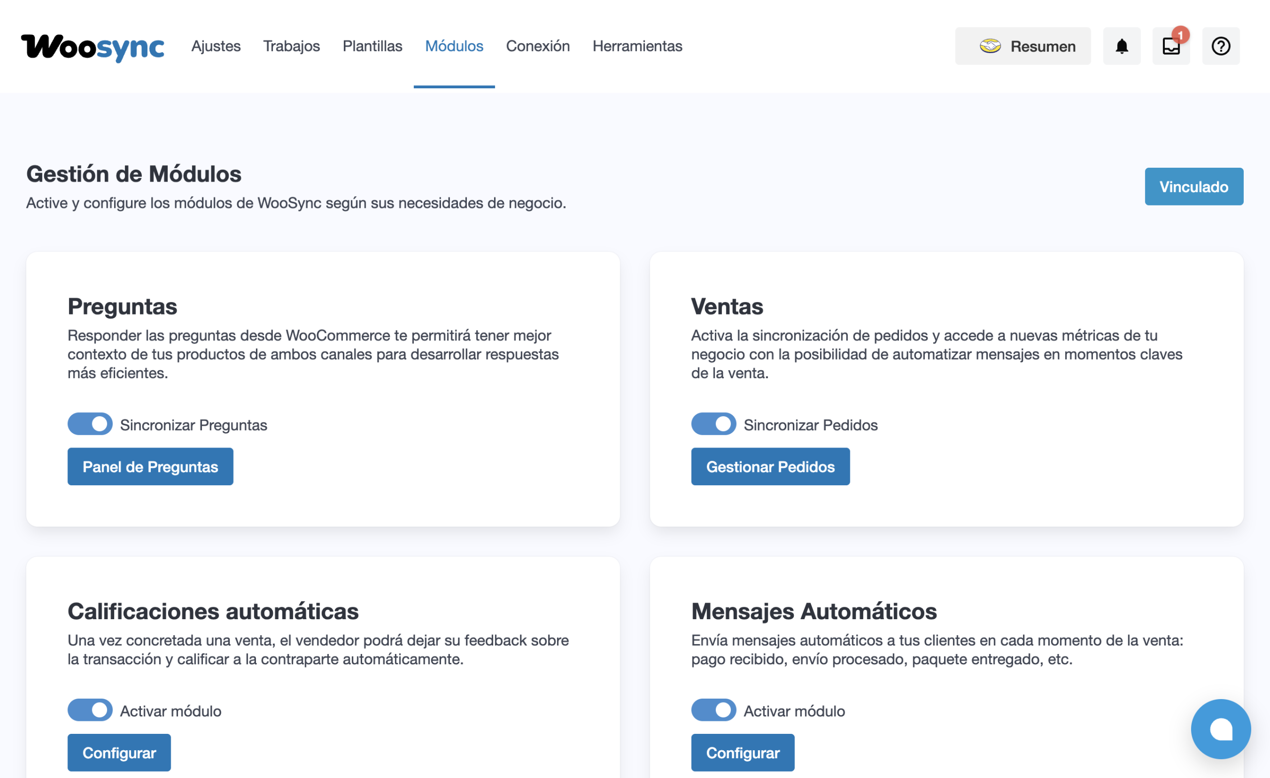 Pantalla de gestión de módulos de WooSync donde se puede activar el módulo de calificaciones automáticas y otros módulos del plugin