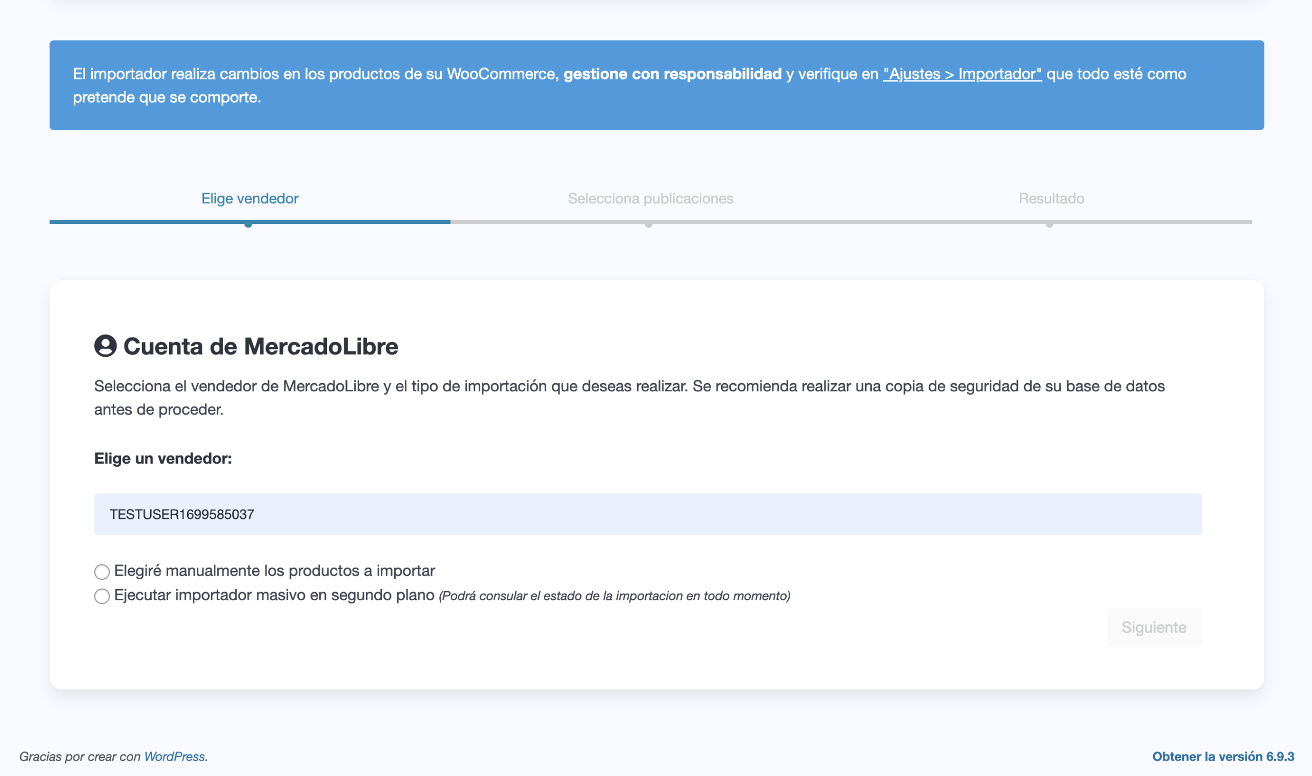 Pantalla del importador de WooSync - paso 1: selección de vendedor y tipo de importación desde Mercado Libre
