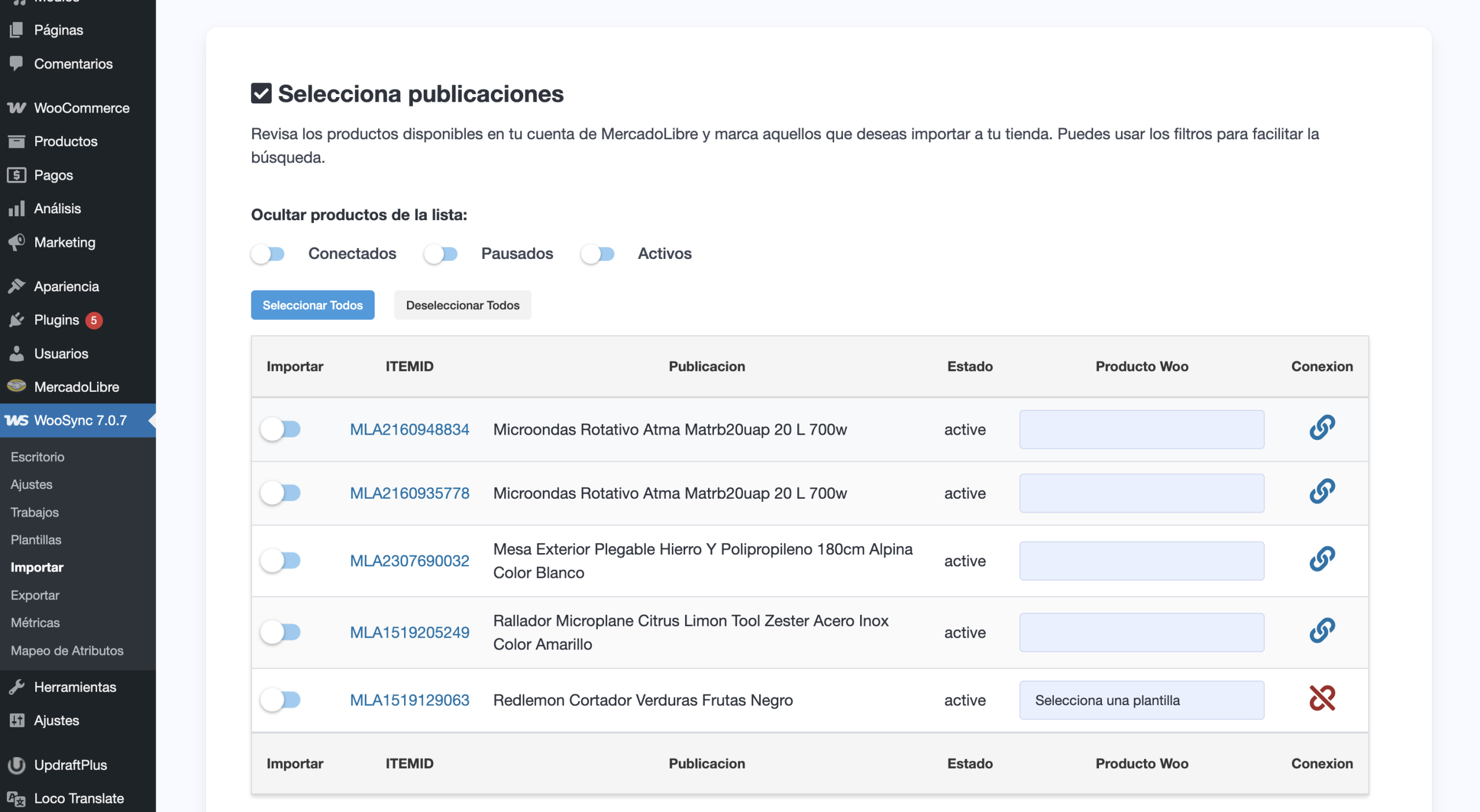 Pantalla del importador de WooSync paso 2 - tabla de publicaciones de Mercado Libre con estado de vinculación a WooCommerce